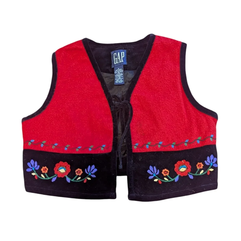 Vintage Gap Velvet Vest Scandi‎ Girl Embroidered Boho 90’s Felt Hippie Floral